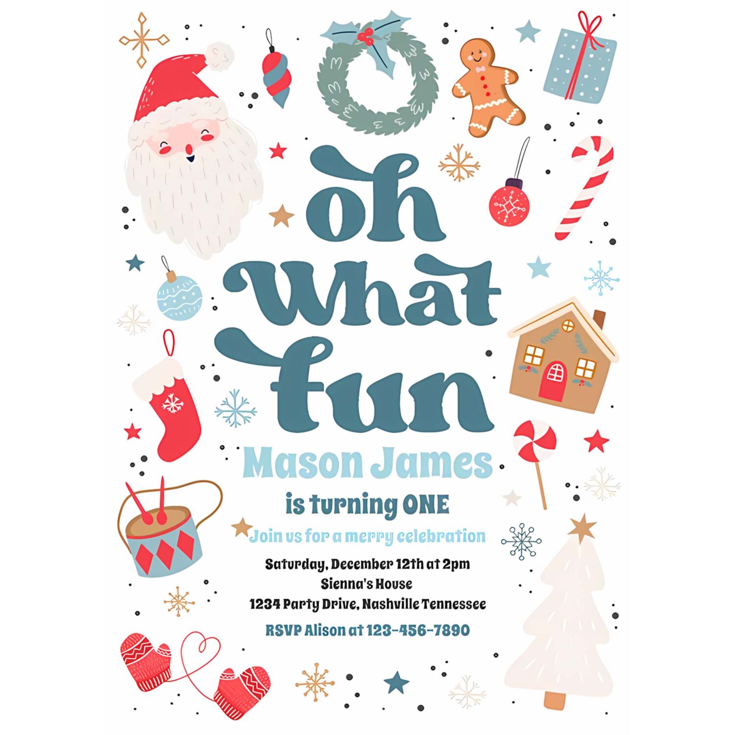 Oh what fun blue and red christmas birthday party invitation k20q 4