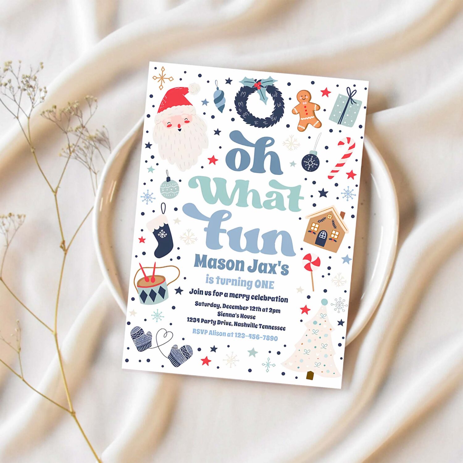 Oh what fun blue and red christmas birthday party invitation q32v 1