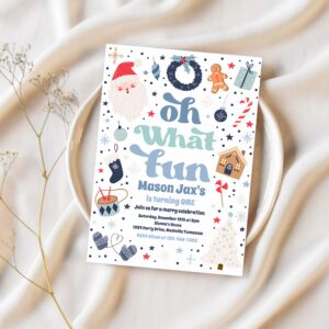 Oh what fun blue and red christmas birthday party invitation q32v 1