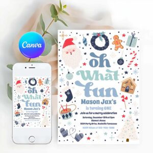 Oh What Fun Invitation, Oh What Fun Blue And Red Christmas Birthday Party Invitation
