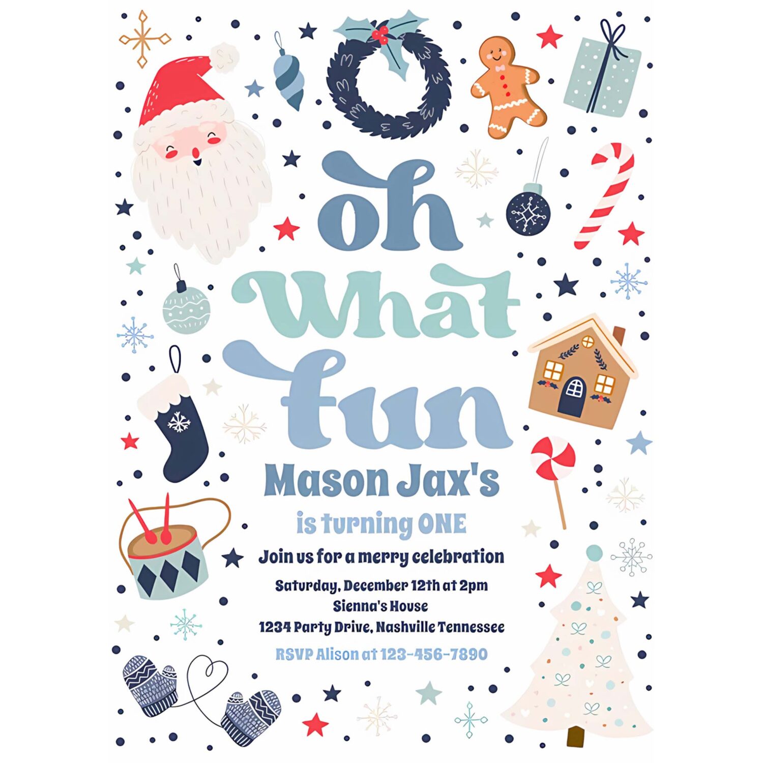 Oh what fun blue and red christmas birthday party invitation q32v 4