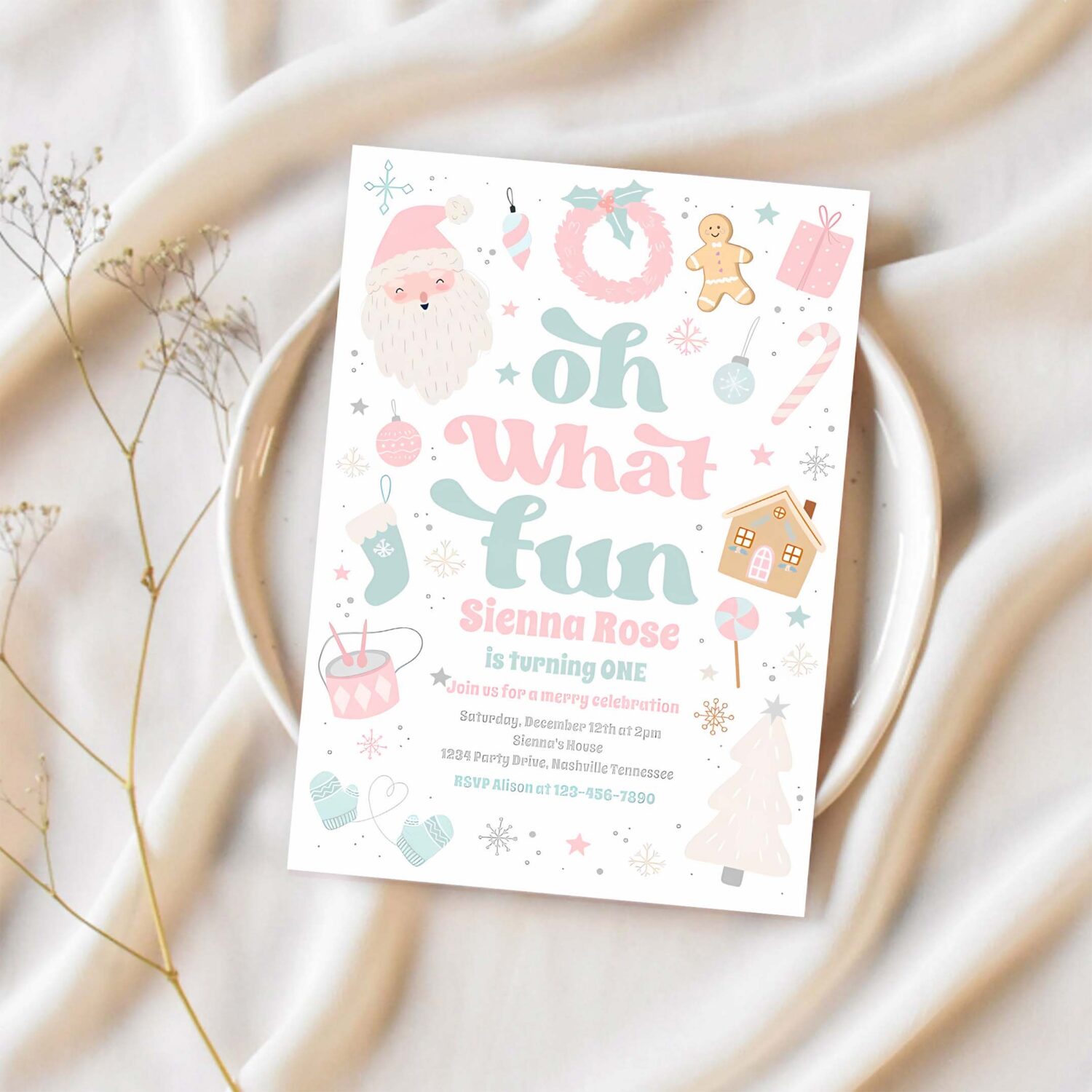 Oh what fun pink pastel christmas birthday party invitation a51b 1