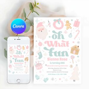 Oh What Fun Invitation, Oh What Fun Pink Pastel Christmas Birthday Party Invitation