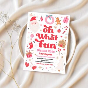 Oh what fun red and pink christmas birthday party invitation o64d 1