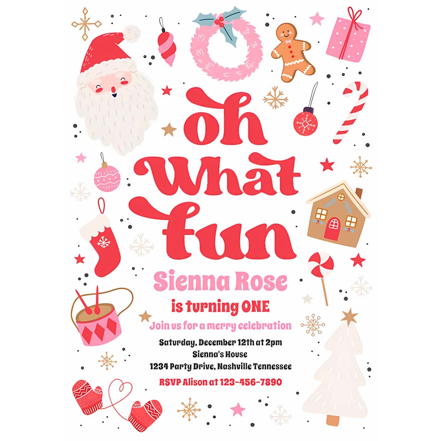 Oh what fun red and pink christmas birthday party invitation o64d 4