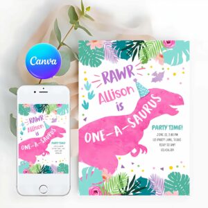 Dinosaur Girl Invitation, One-A-Saurus Pink Dinosaur Girl 1st First Birthday Invitation