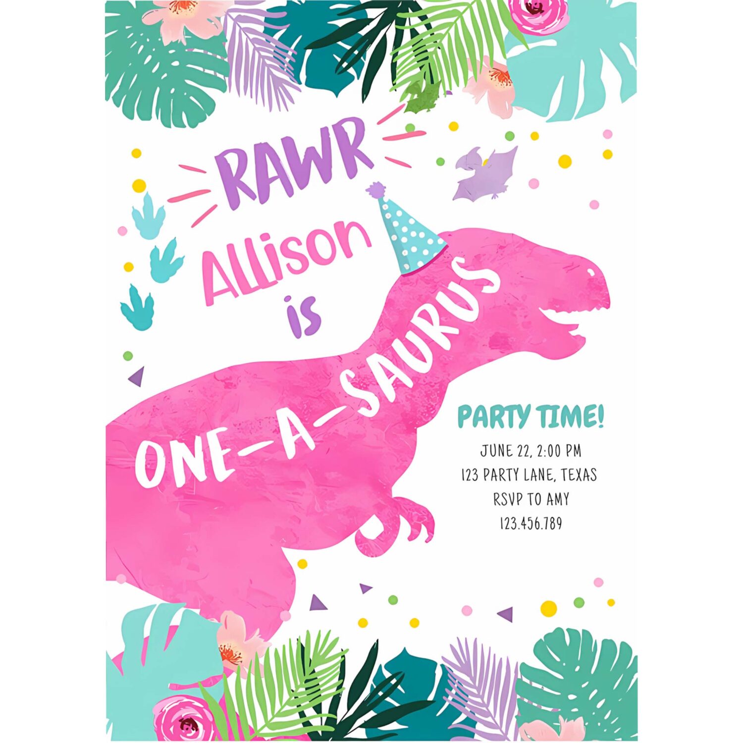 One a saurus pink dinosaur girl 1st first birthday invitation w86d 4