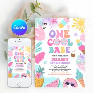 Tropical Summer Invitation, One Cool Babe Tropical Summer 1st Birthday Party Invitation