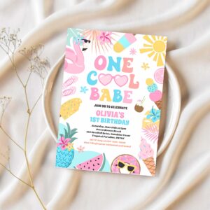 One cool babe tropical summer 1st birthday party invitation f58m 1