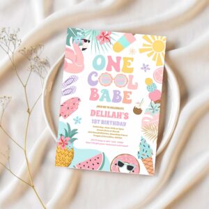One cool babe tropical summer 1st birthday party invitation p66o 1