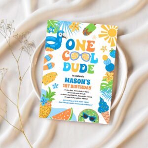 One cool dude tropical summer 1st birthday party invitation e28l 1