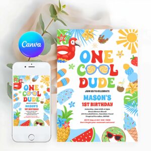 Tropical Summer Invitation, One Cool Dude Tropical Summer 1st Birthday Party Invitation