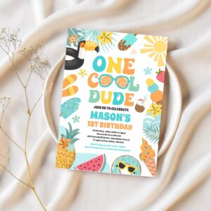 One cool dude tropical summer 1st birthday party invitation v72q 1