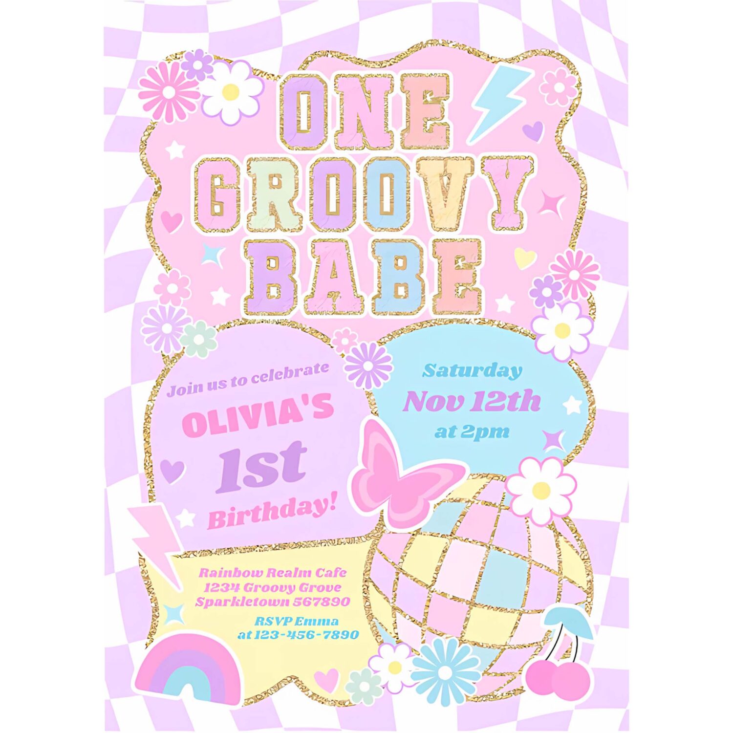One groovy babe preppy varsity 1st birthday party invitation r66l 4
