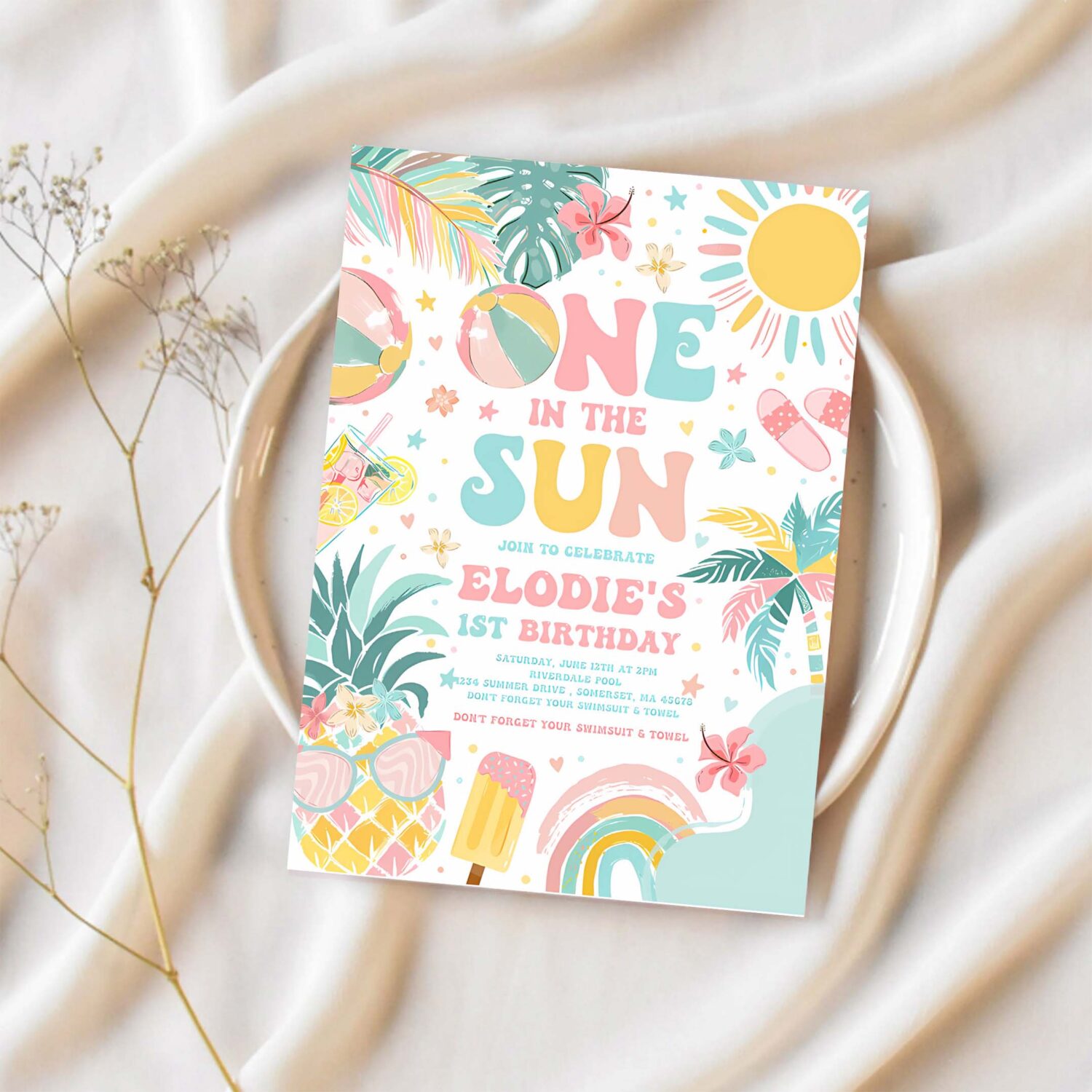 One in the sun 1st birthday party invitation tropical summer pineapple luau girl pool splish splash pool party 1