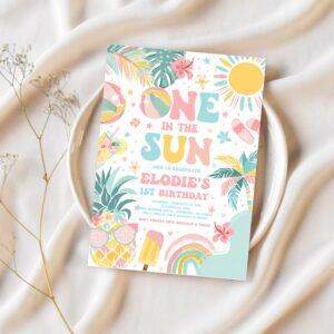 One in the sun 1st birthday party invitation tropical summer pineapple luau girl pool splish splash pool party 1