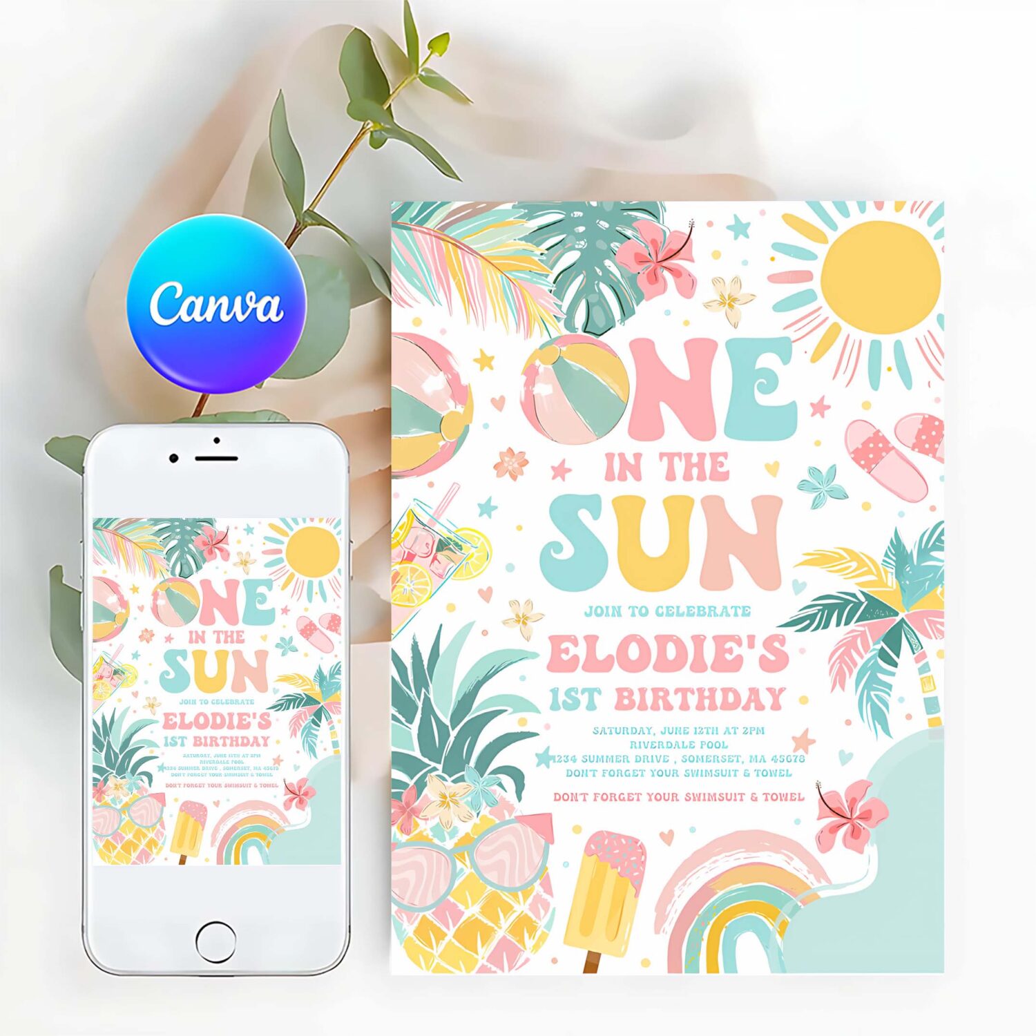 One in the sun 1st birthday party invitation tropical summer pineapple luau girl pool splish splash pool party