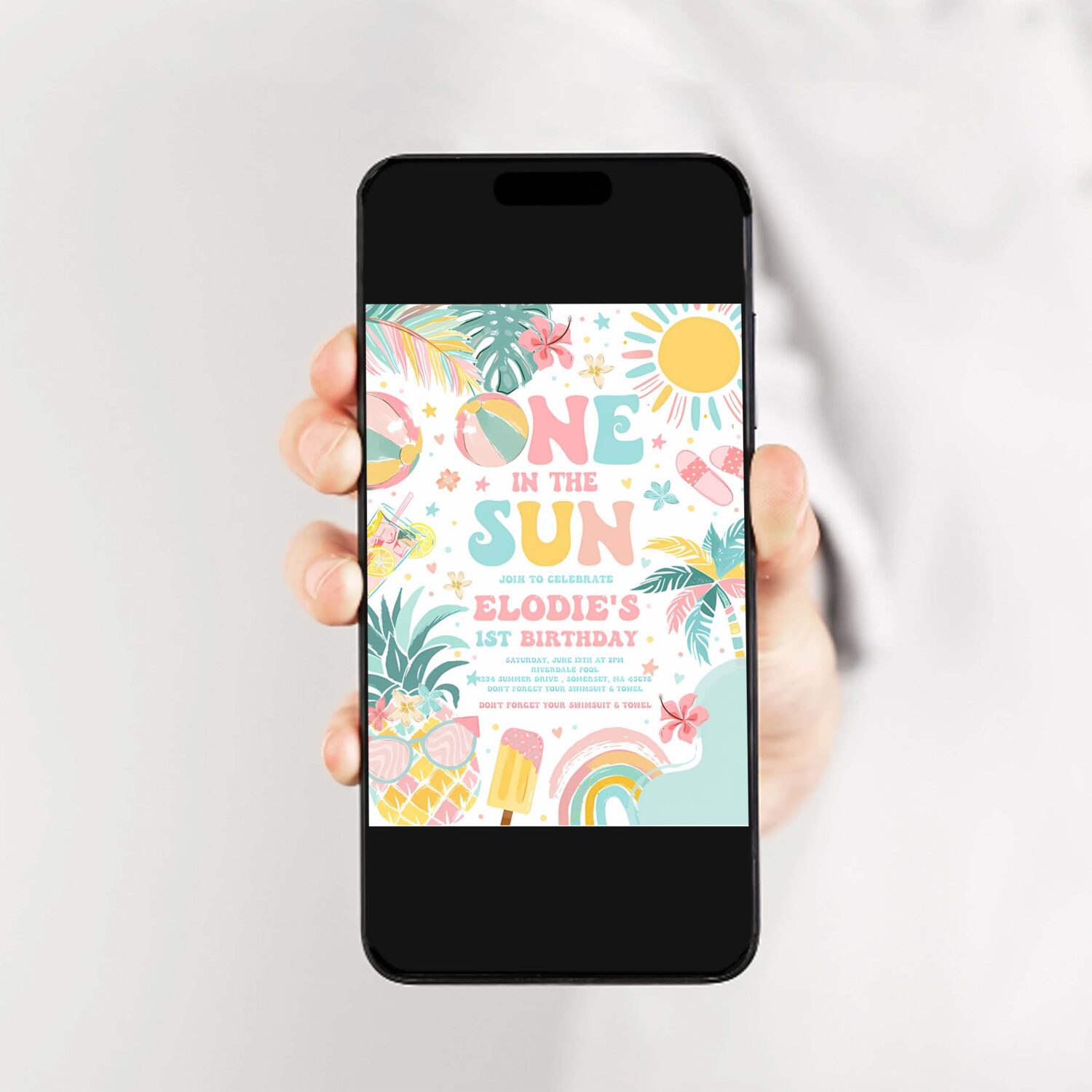 One in the sun 1st birthday party invitation tropical summer pineapple luau girl pool splish splash pool party 2