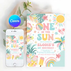 Splish Splash Invitation, One In The Sun 1st Birthday Party Invitation, Tropical Summer Pineapple Luau Girl Pool Splish Splash Pool Party