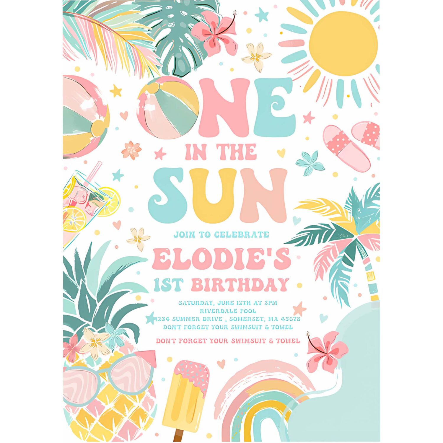 One in the sun 1st birthday party invitation tropical summer pineapple luau girl pool splish splash pool party 4