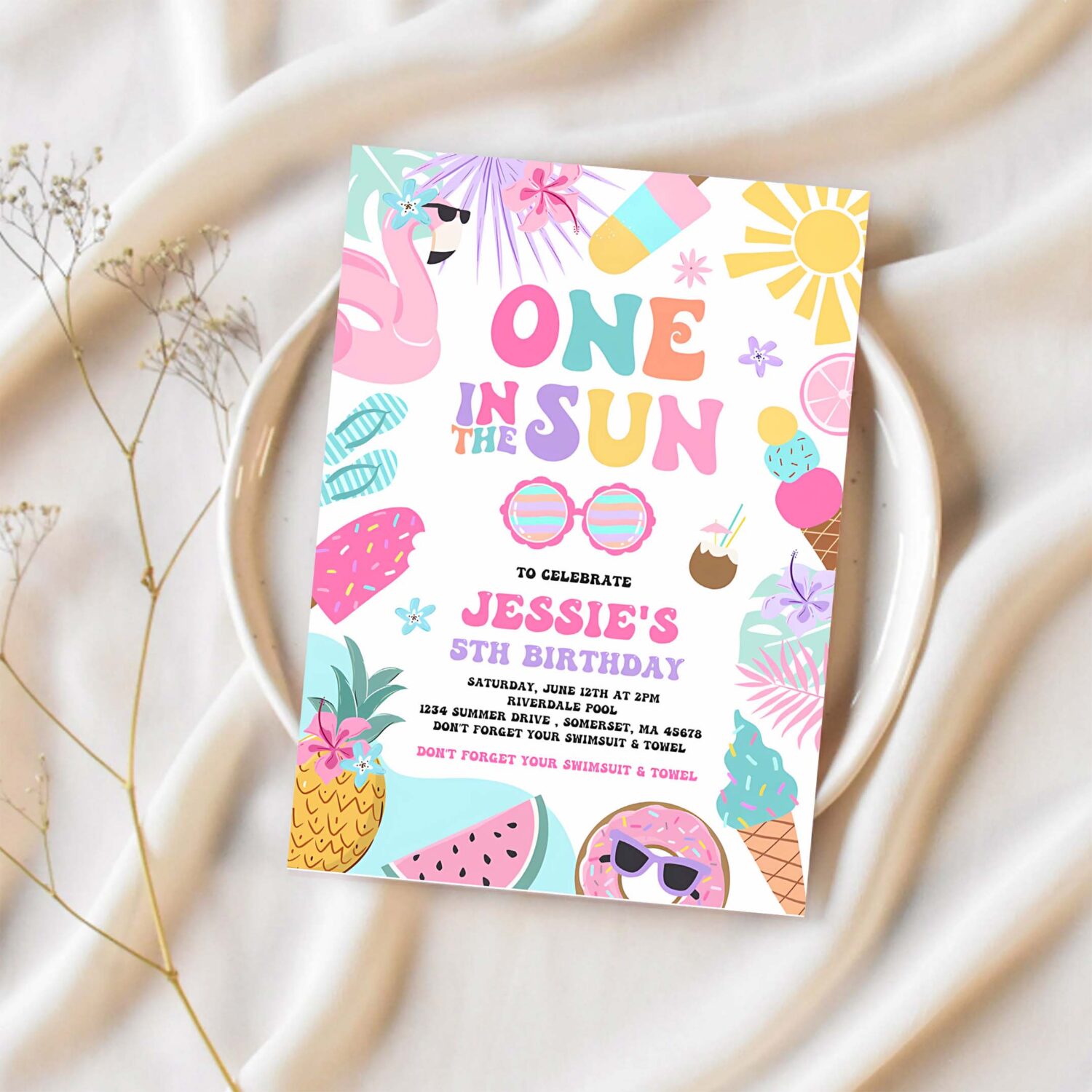One in the sun 1st birthday party invitation tropical summer splish splash girly 1st birthday party pool party 1