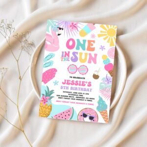 One in the sun 1st birthday party invitation tropical summer splish splash girly 1st birthday party pool party 1