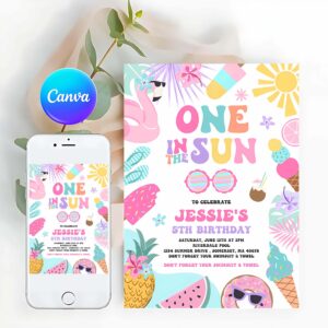 Splish Splash Invitation, One In The Sun 1st Birthday Party Invitation, Tropical Summer Splish Splash Girly 1st Birthday Party Pool Party