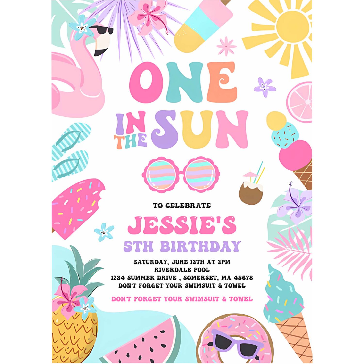 One in the sun 1st birthday party invitation tropical summer splish splash girly 1st birthday party pool party 4