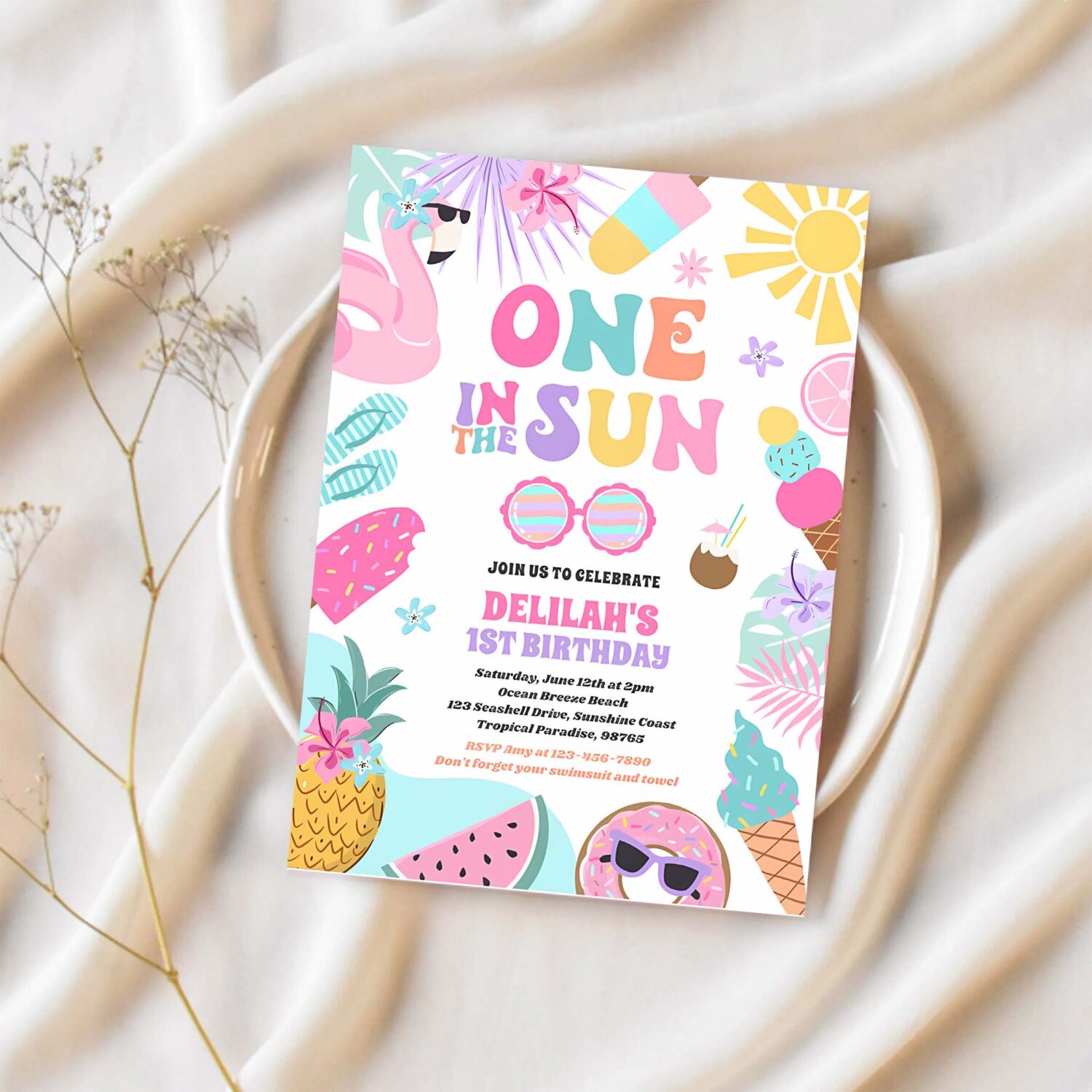 One in the sun tropical beach 1st birthday party invitation h59o 1
