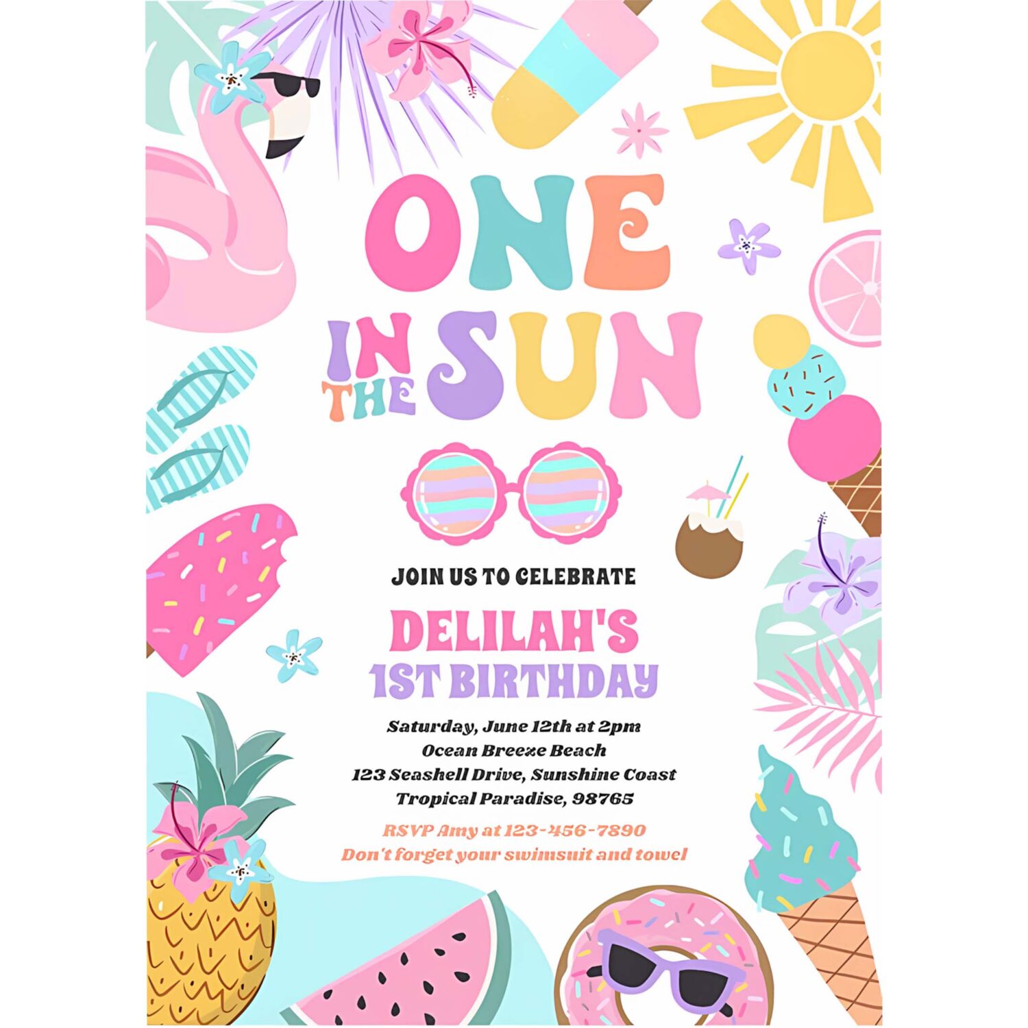 One in the sun tropical beach 1st birthday party invitation h59o 4