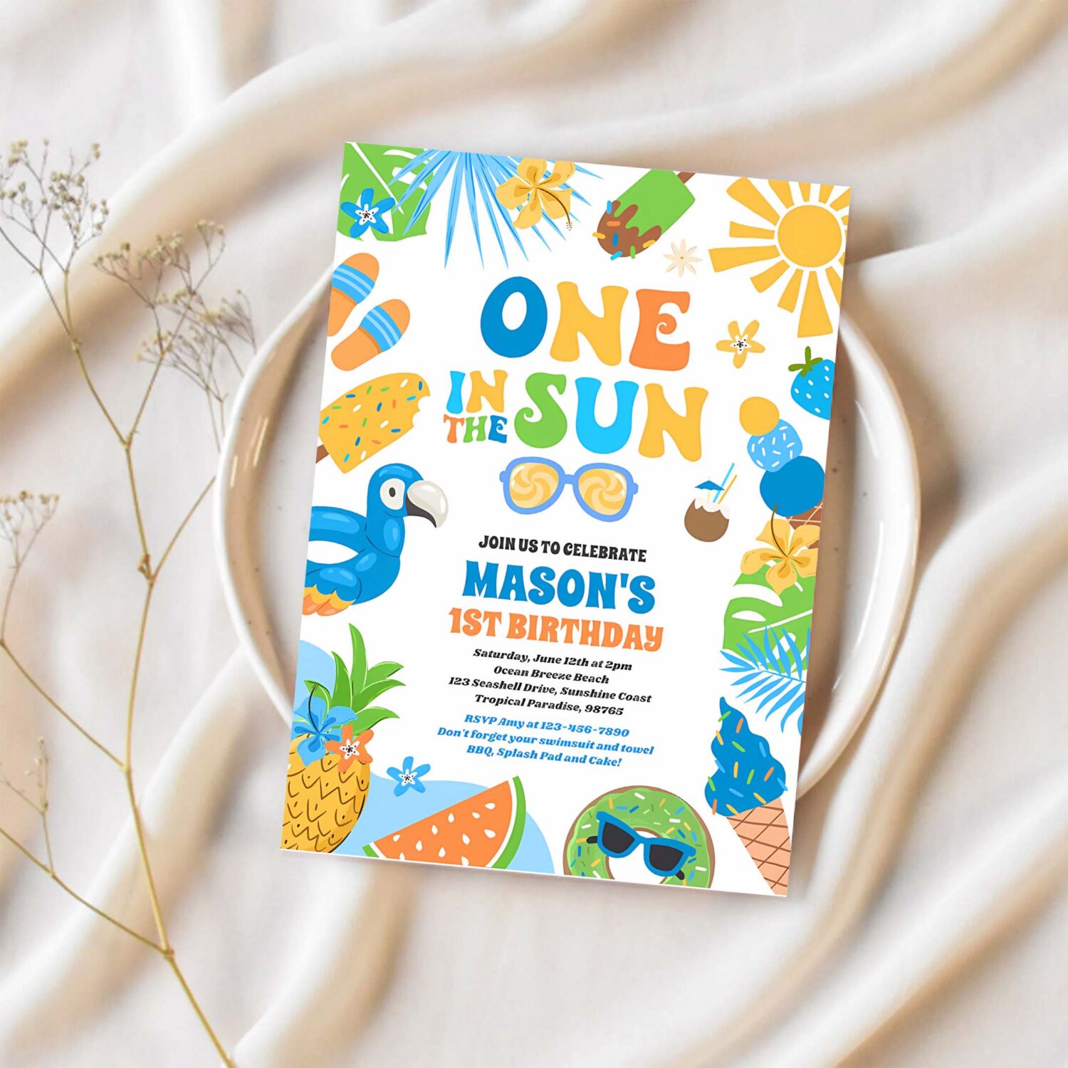 One in the sun tropical beach 1st birthday party invitation h78l 1