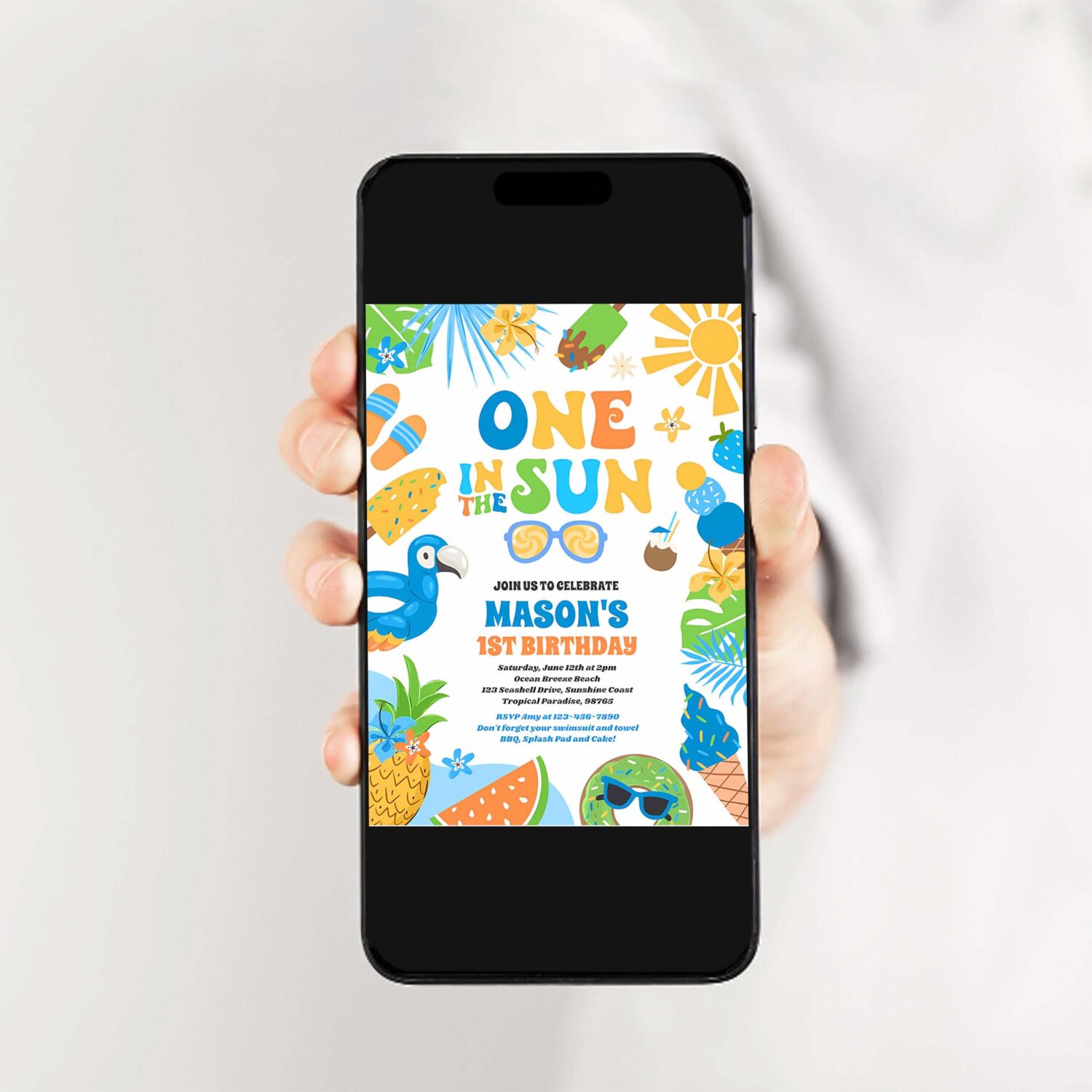 One in the sun tropical beach 1st birthday party invitation h78l 2