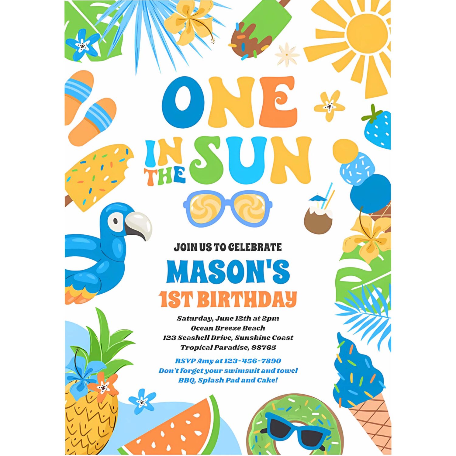 One in the sun tropical beach 1st birthday party invitation h78l 4