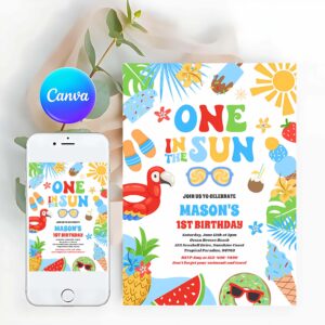 Tropical Beach Invitation, One In The Sun Tropical Beach 1st Birthday Party Invitation