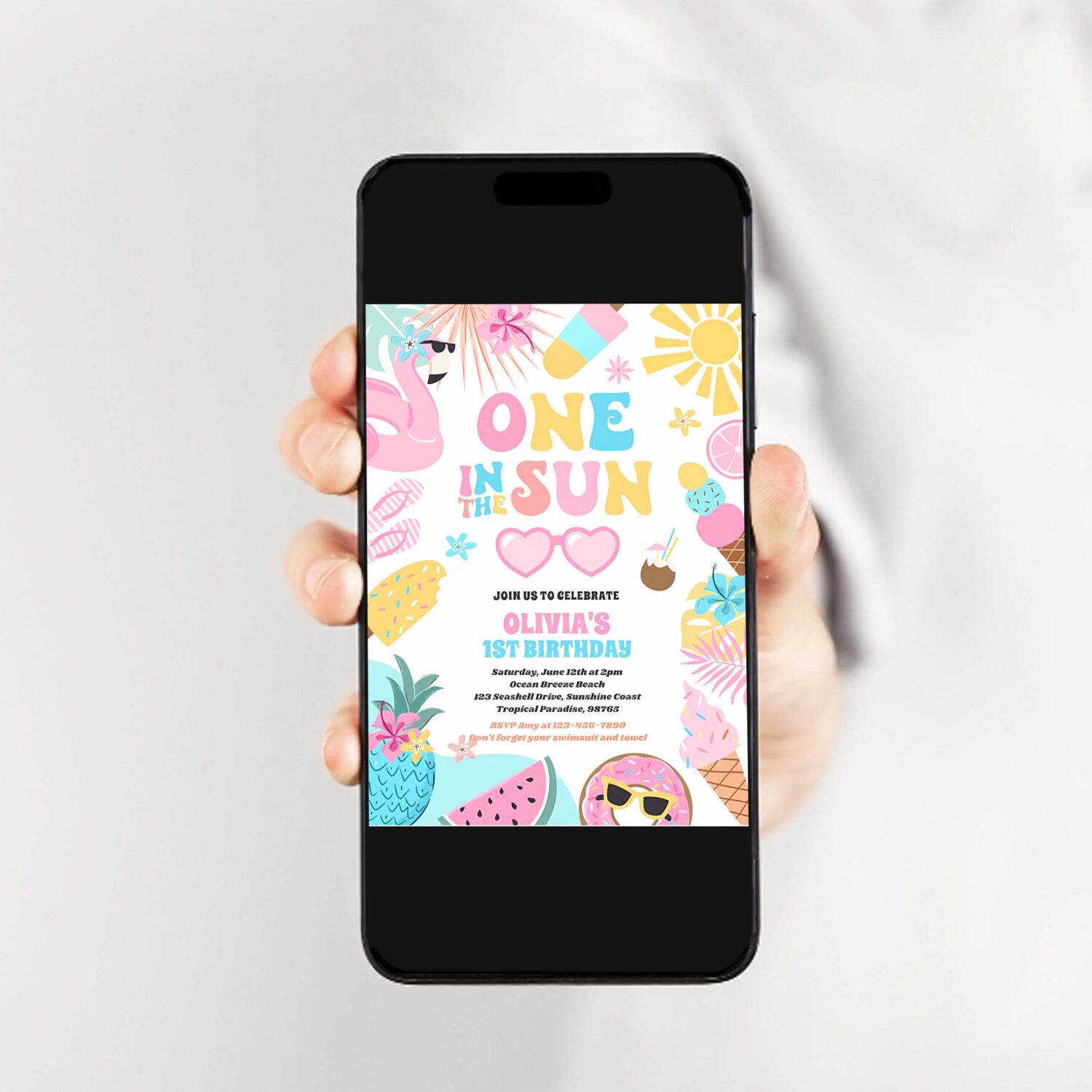 One in the sun tropical beach 1st birthday party invitation w94i 2