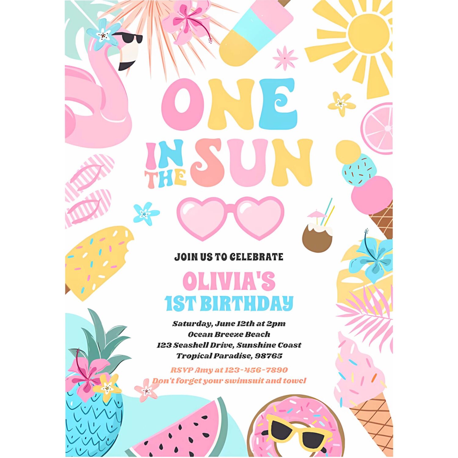 One in the sun tropical beach 1st birthday party invitation w94i 4