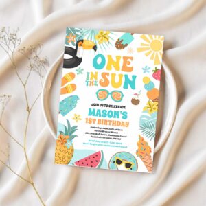 One in the sun tropical beach 1st birthday party invitation o92u 1