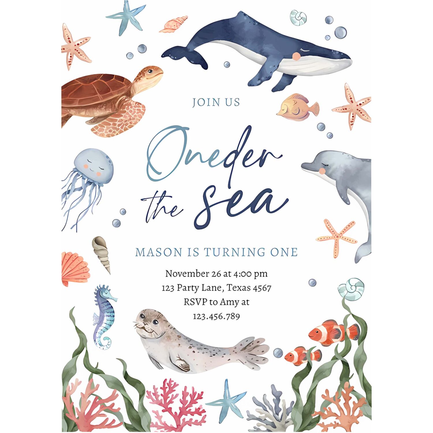 Oneder the sea nautical ocean 1st first birthday invitation a77j 4