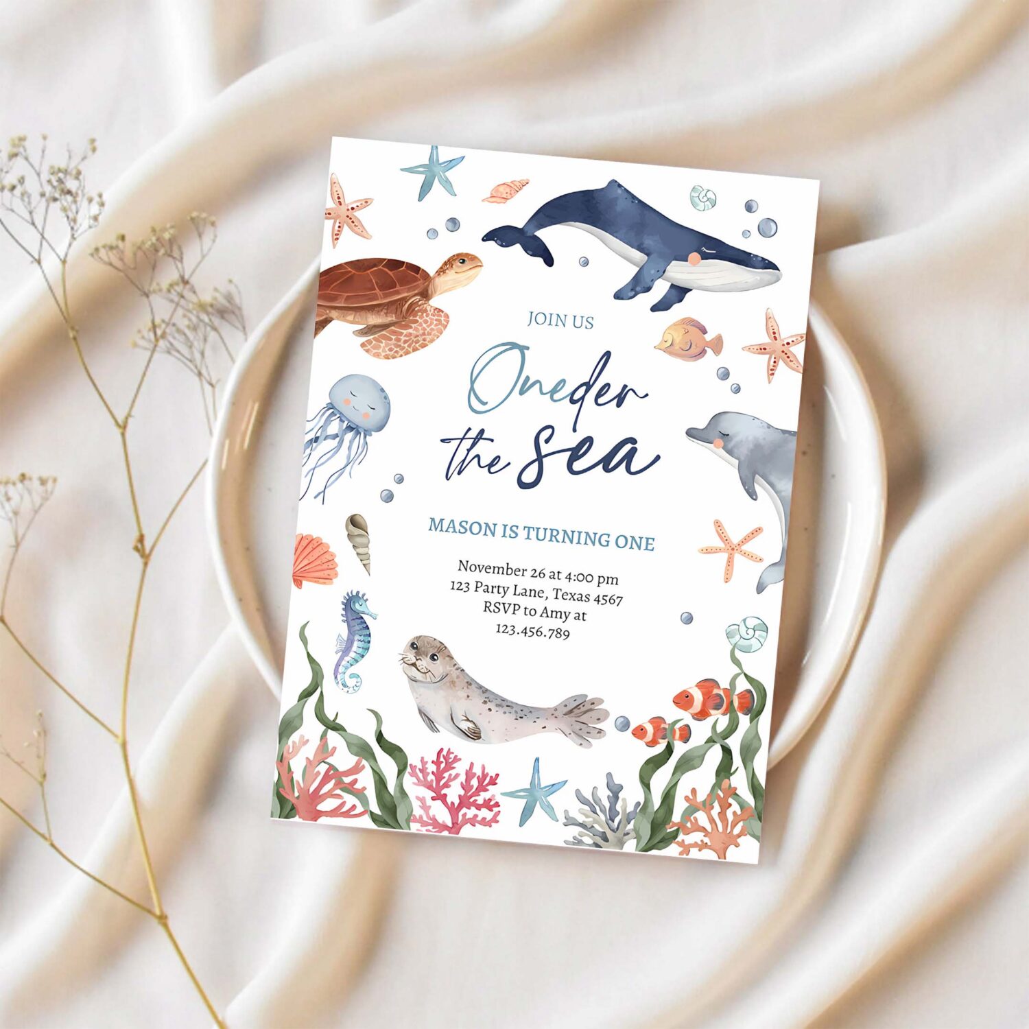 Oneder the sea birthday invitation nautical 1st birthday first under the sea ocean animals 1