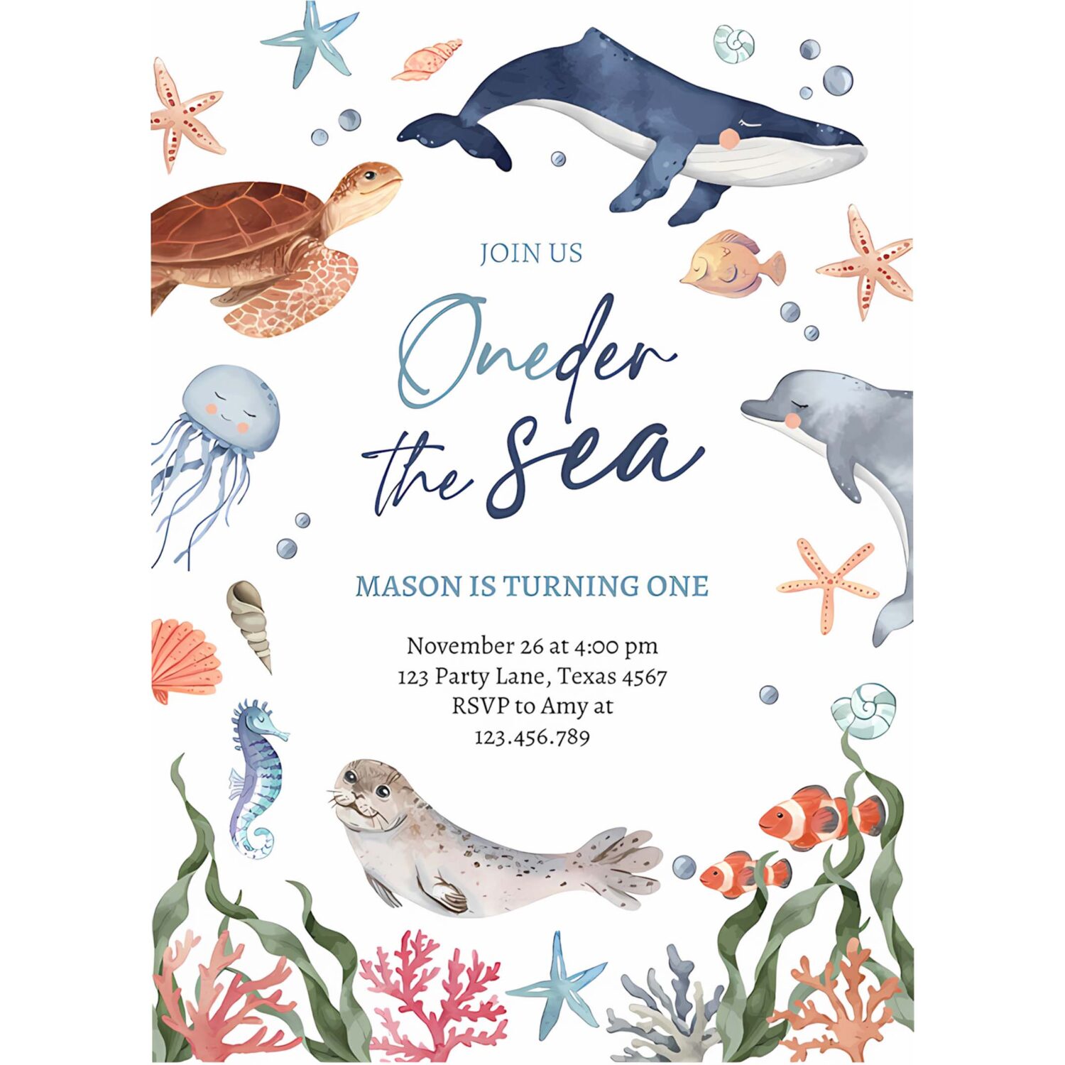 Oneder the sea birthday invitation nautical 1st birthday first under the sea ocean animals 4