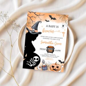 Orange baby is brewing halloween baby shower invitation skeleton baby shower 1