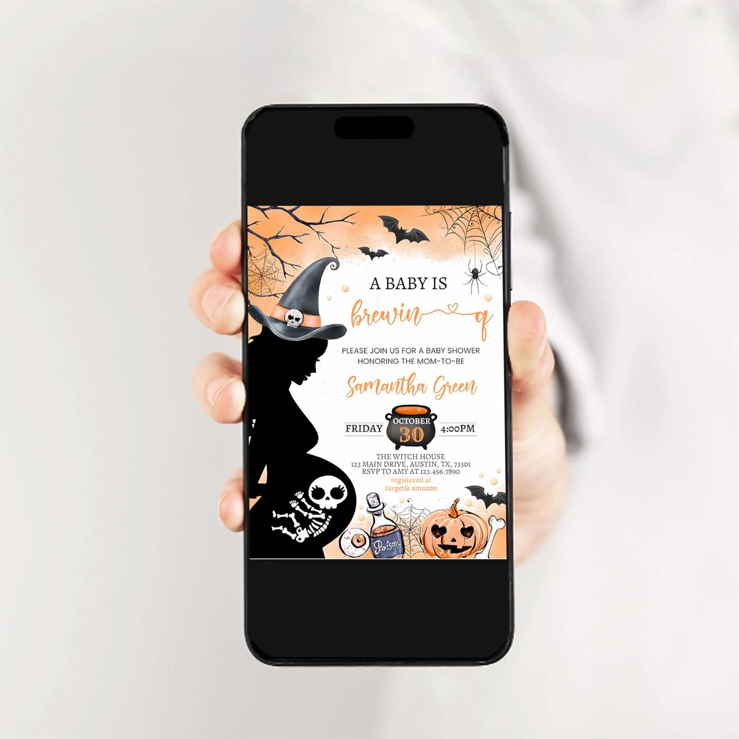 Orange baby is brewing halloween baby shower invitation skeleton baby shower 2