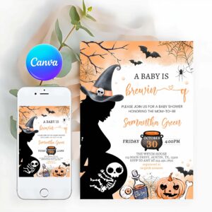 A Baby is Brewing Invitation, Orange Baby is Brewing Halloween Baby Shower Invitation, Skeleton Baby Shower