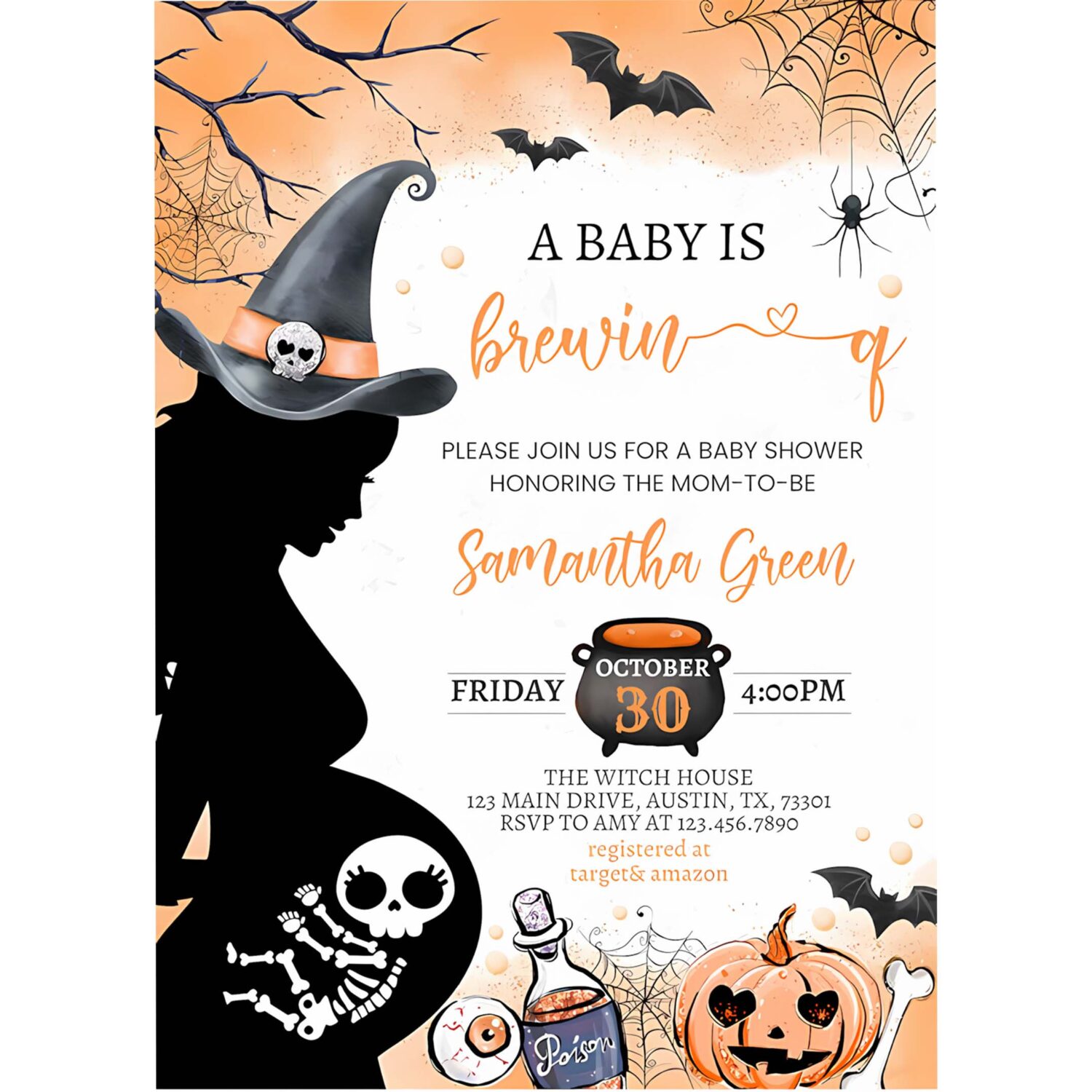 Orange baby is brewing halloween baby shower invitation skeleton baby shower 4