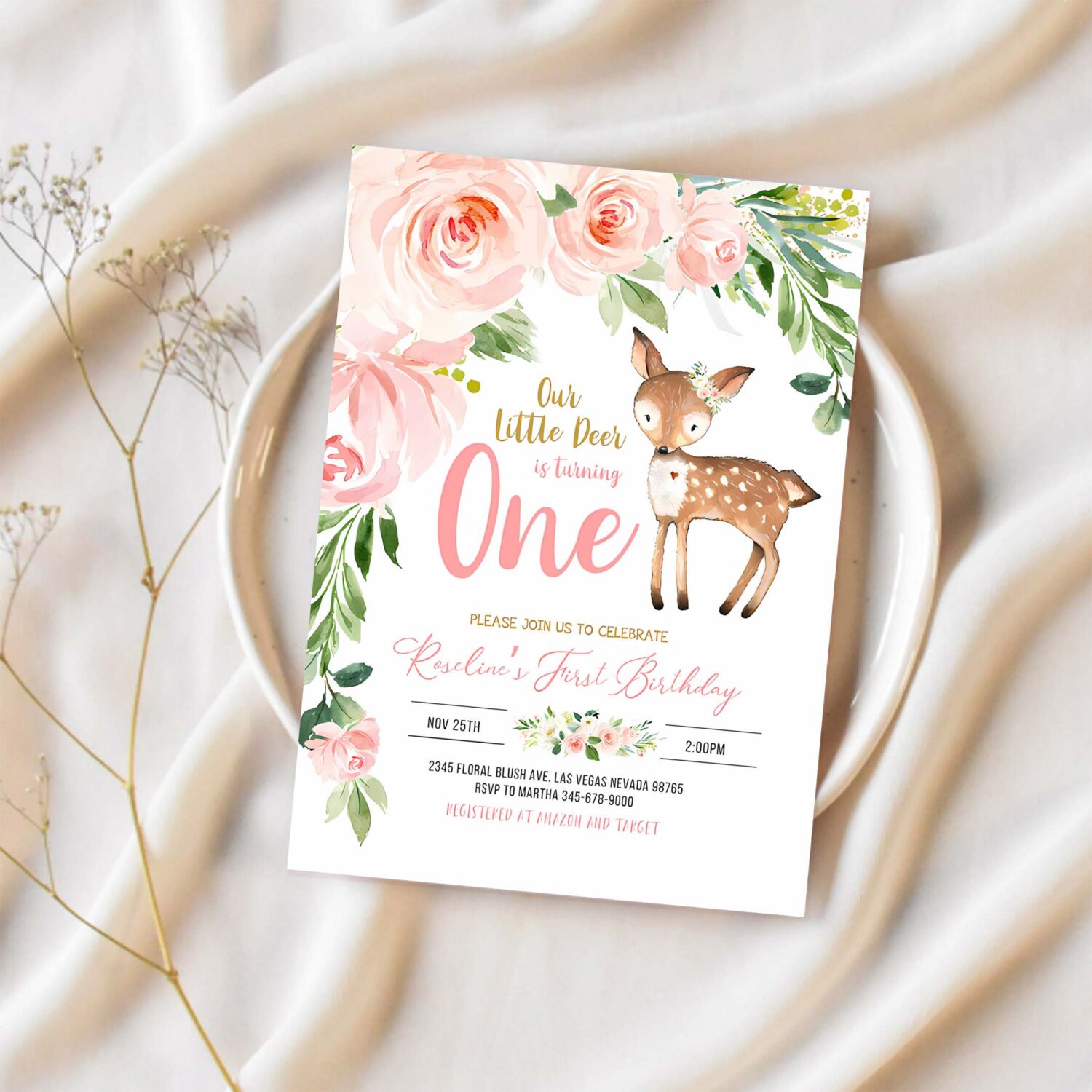 Our little deer first birthday invitation woodland deer birthday invitations floral woodland invite editable template 1
