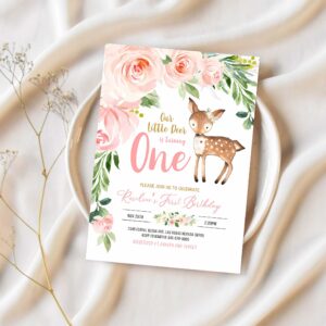 Our little deer first birthday invitation woodland deer birthday invitations floral woodland invite editable template 1