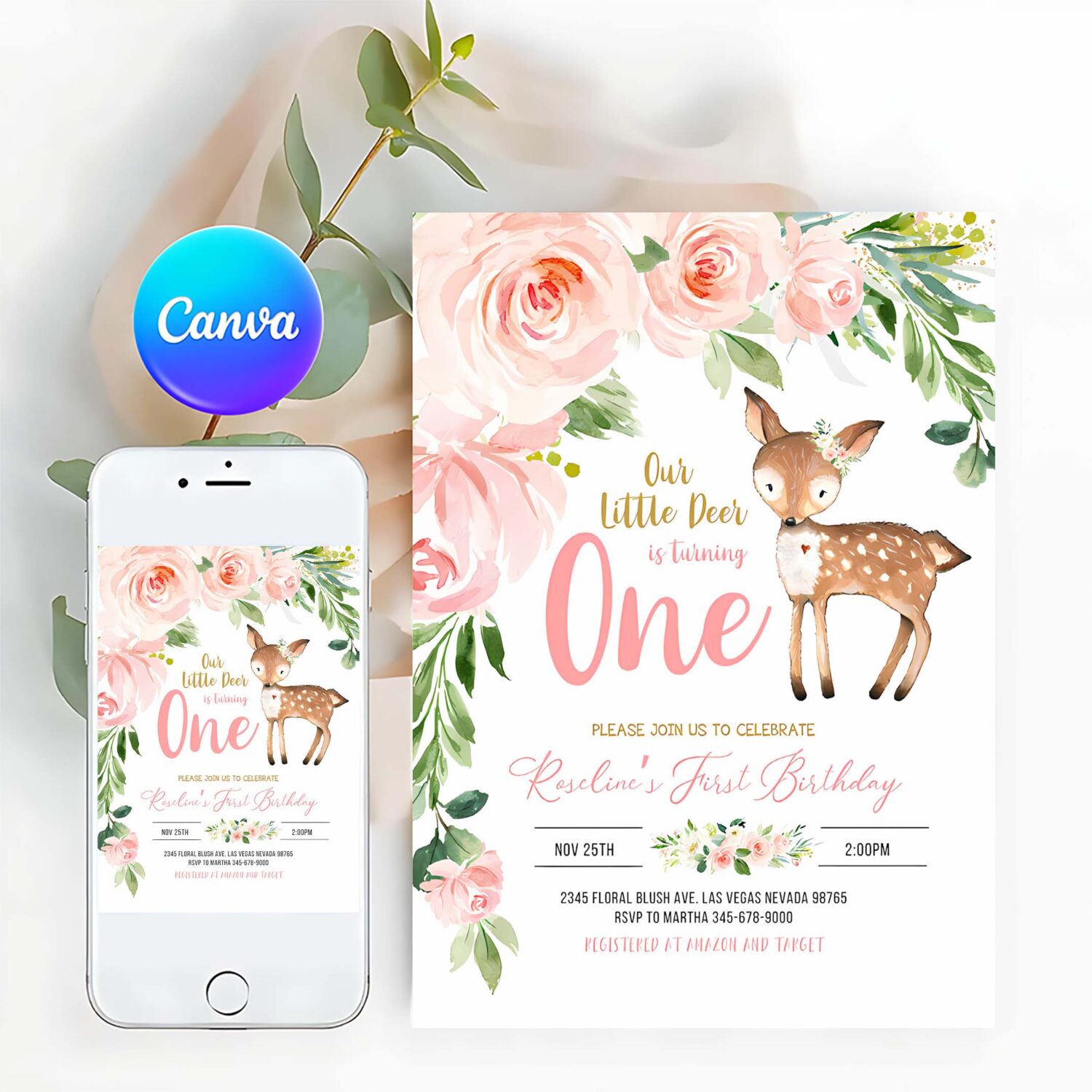 Our little deer first birthday invitation woodland deer birthday invitations floral woodland invite editable template