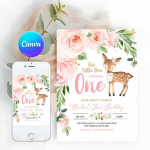 Woodland Invitation, Our Little deer First Birthday, Birthday Invitation, Woodland Deer Birthday Invitation, Floral Invitation