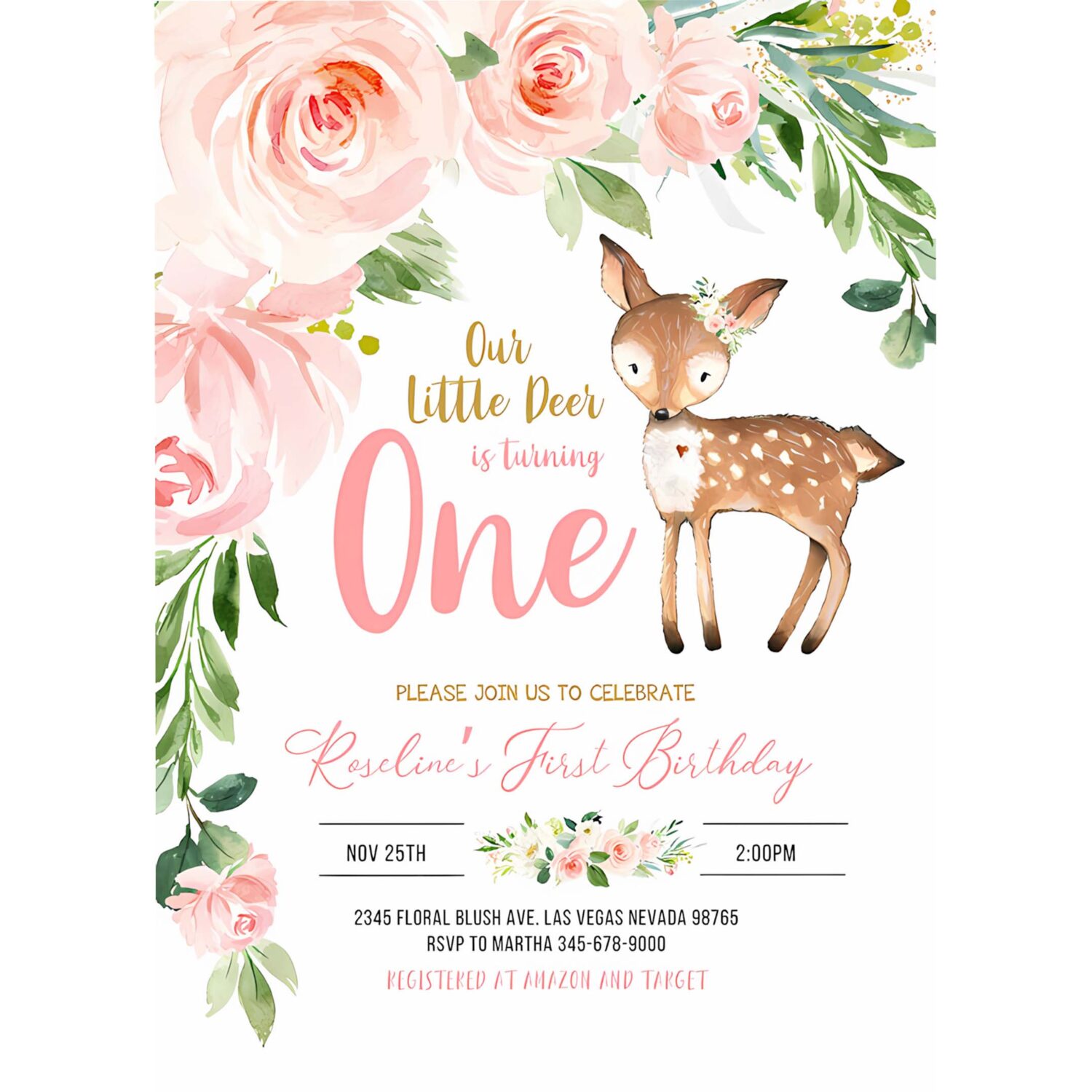 Our little deer first birthday invitation woodland deer birthday invitations floral woodland invite editable template 4