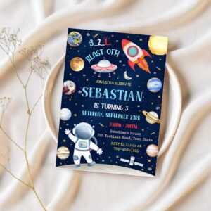 Outer space birthday invitation planets rocket ship astronaut invite galaxy blast off invitation 1